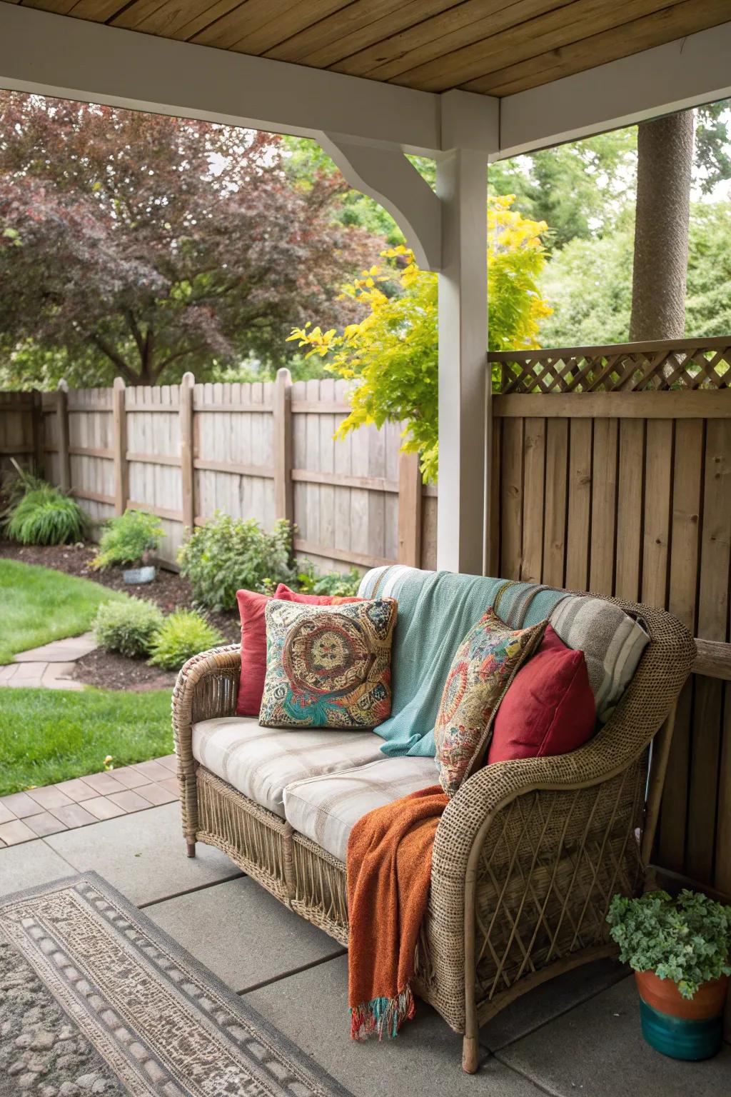 Rattan loveseat for cozy porch moments.