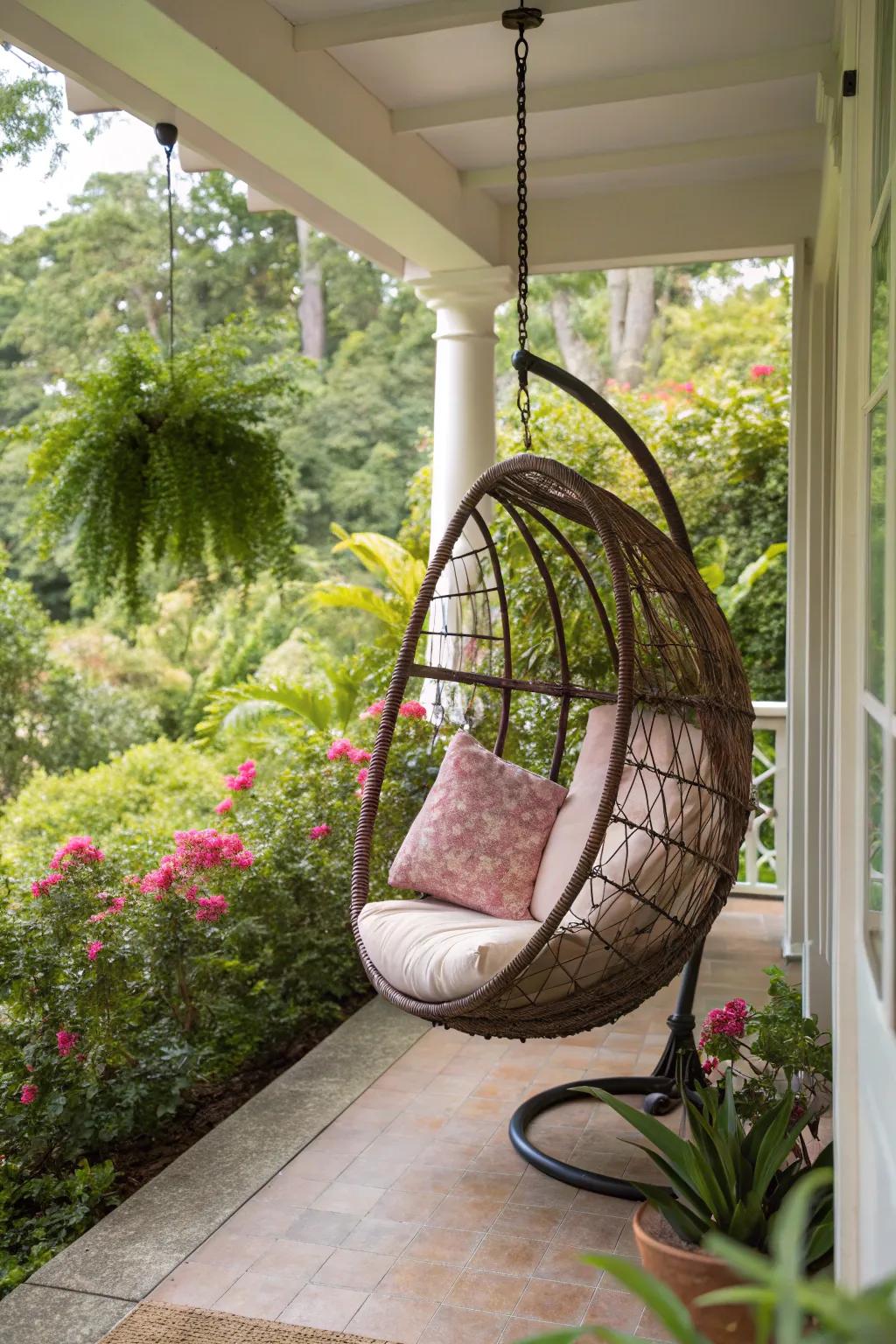 A hanging egg chair for a cozy retreat.