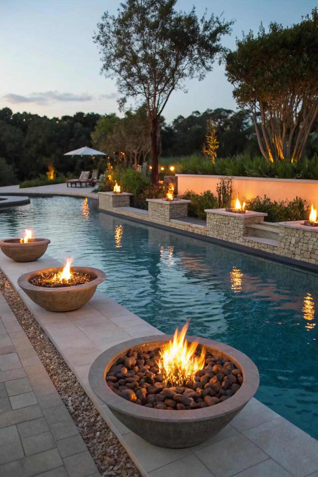 A pool area enhanced by the warm glow of fire features.