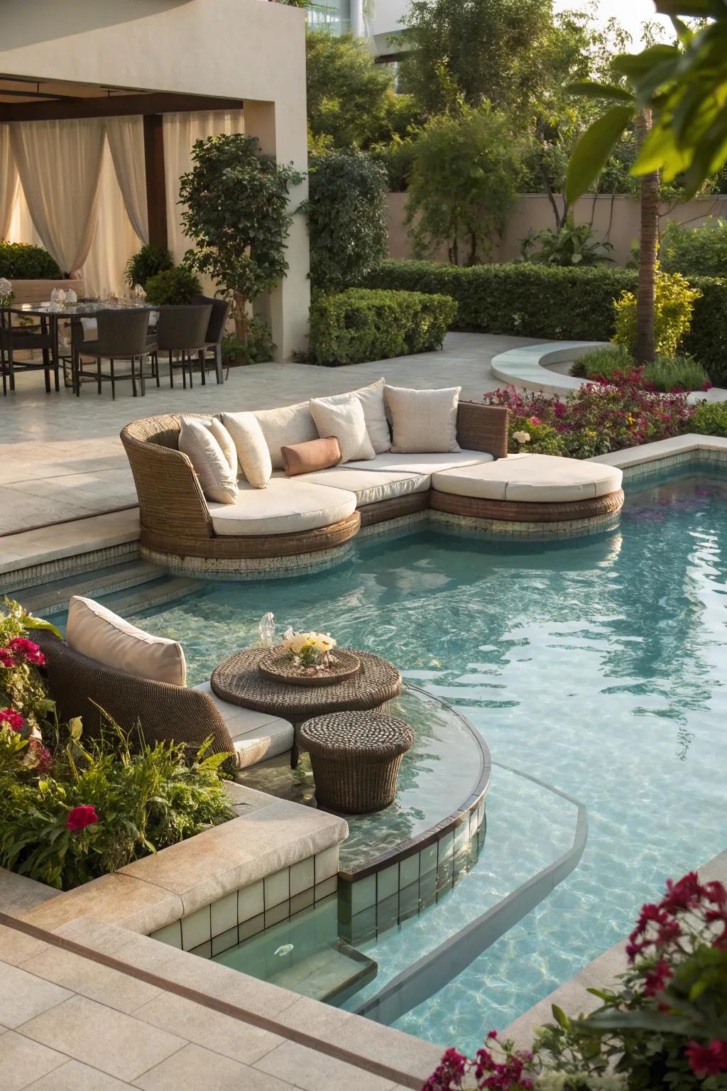 A cozy sunken lounge by the pool, perfect for intimate gatherings.