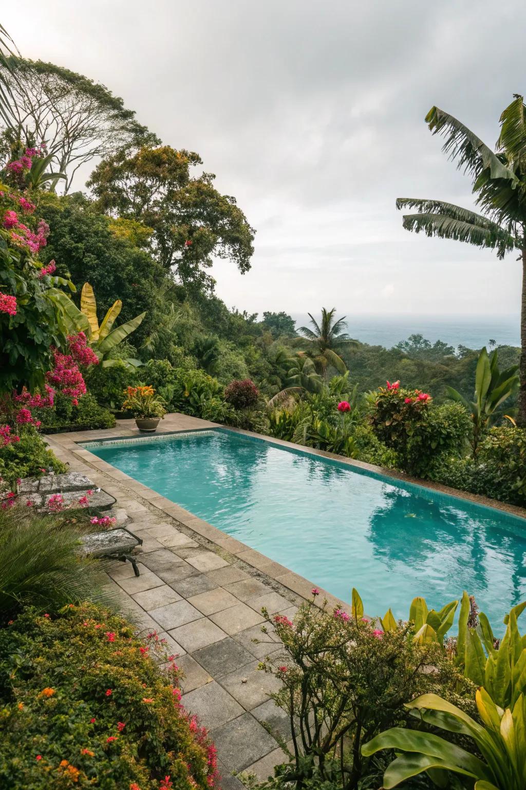 A tranquil pool area enhanced by lush, vibrant plant life.