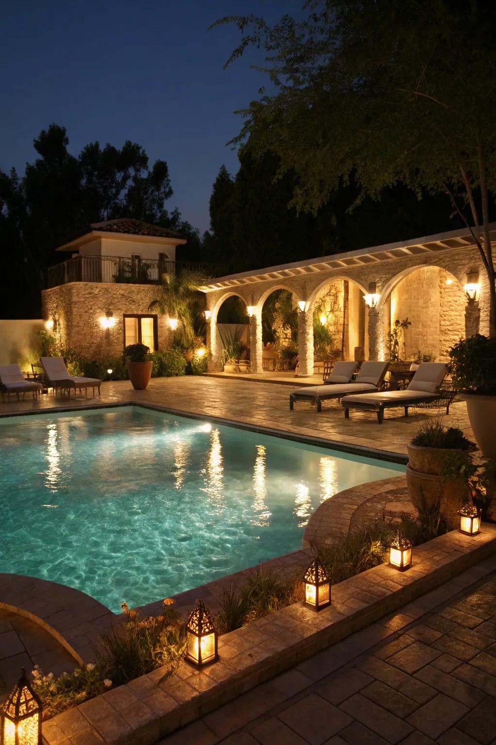 A pool illuminated by accent lighting for an enchanting evening atmosphere.