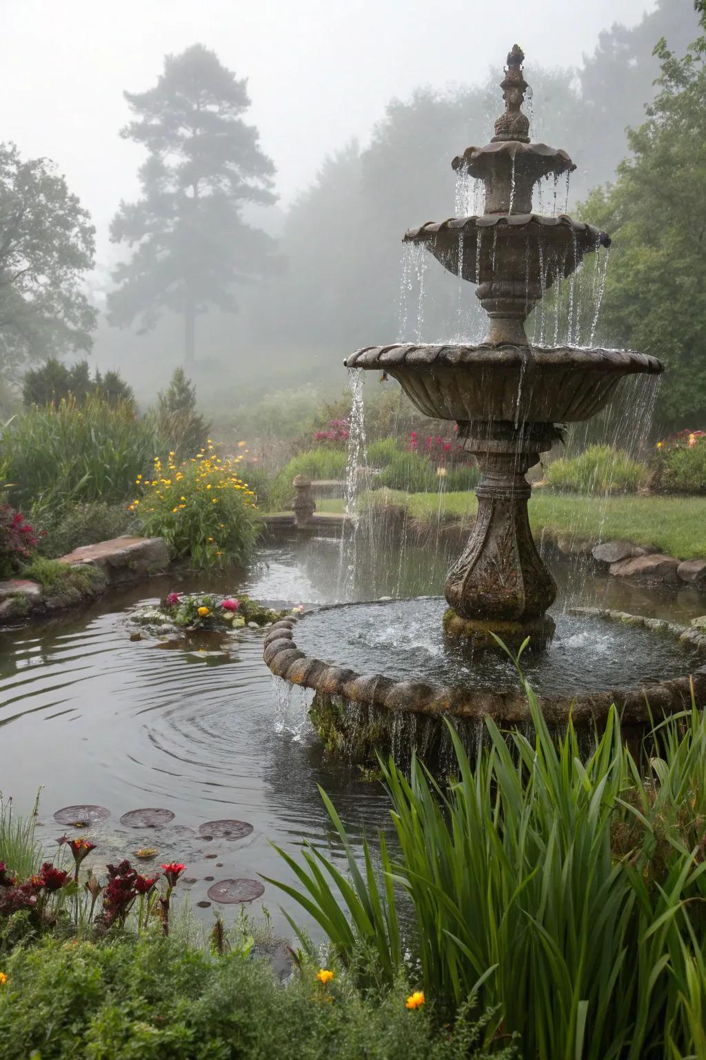 A creative water sculpture adds an artistic flair to a bog garden.