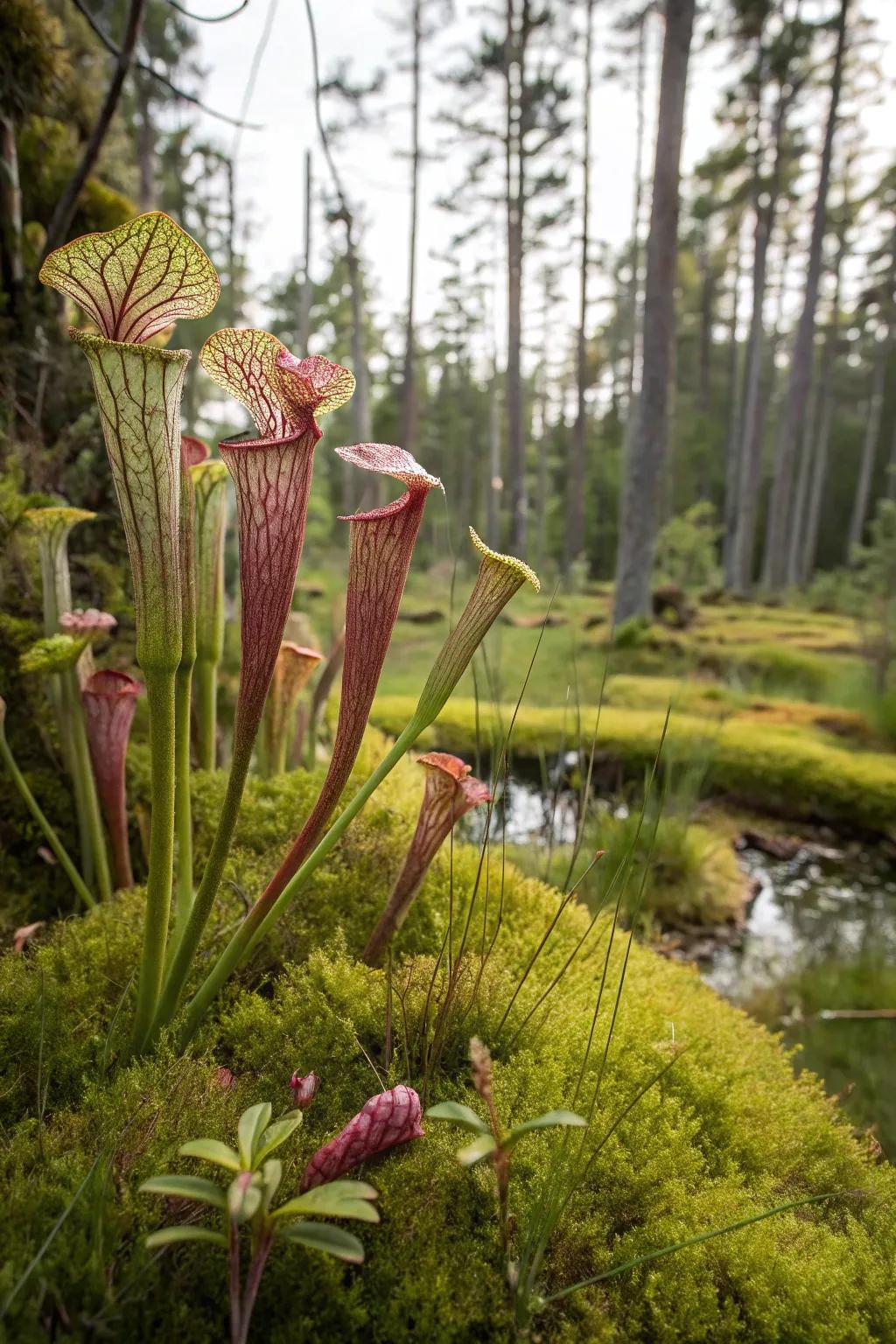 Unique pitcher plants add an exotic touch to a backyard bog garden.