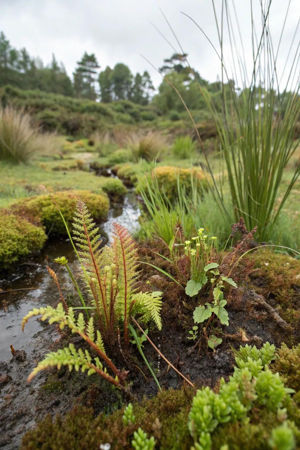 Diverse microhabitats within a bog garden cater to specific plant needs.