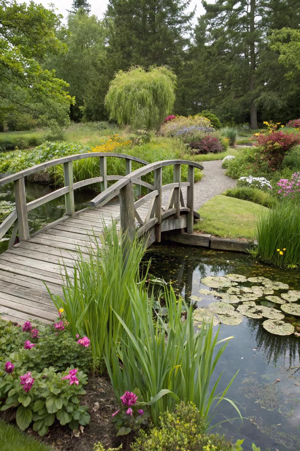 A quaint wooden bridge arching over a small water feature in a bog garden.