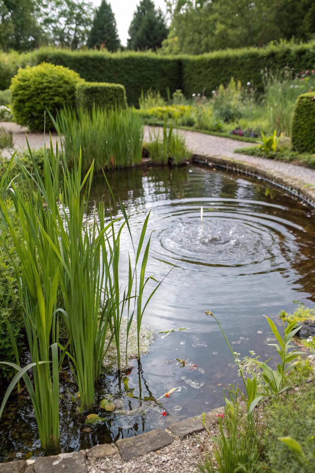 A small pond nestled among lush bog plants, creating a peaceful garden retreat.