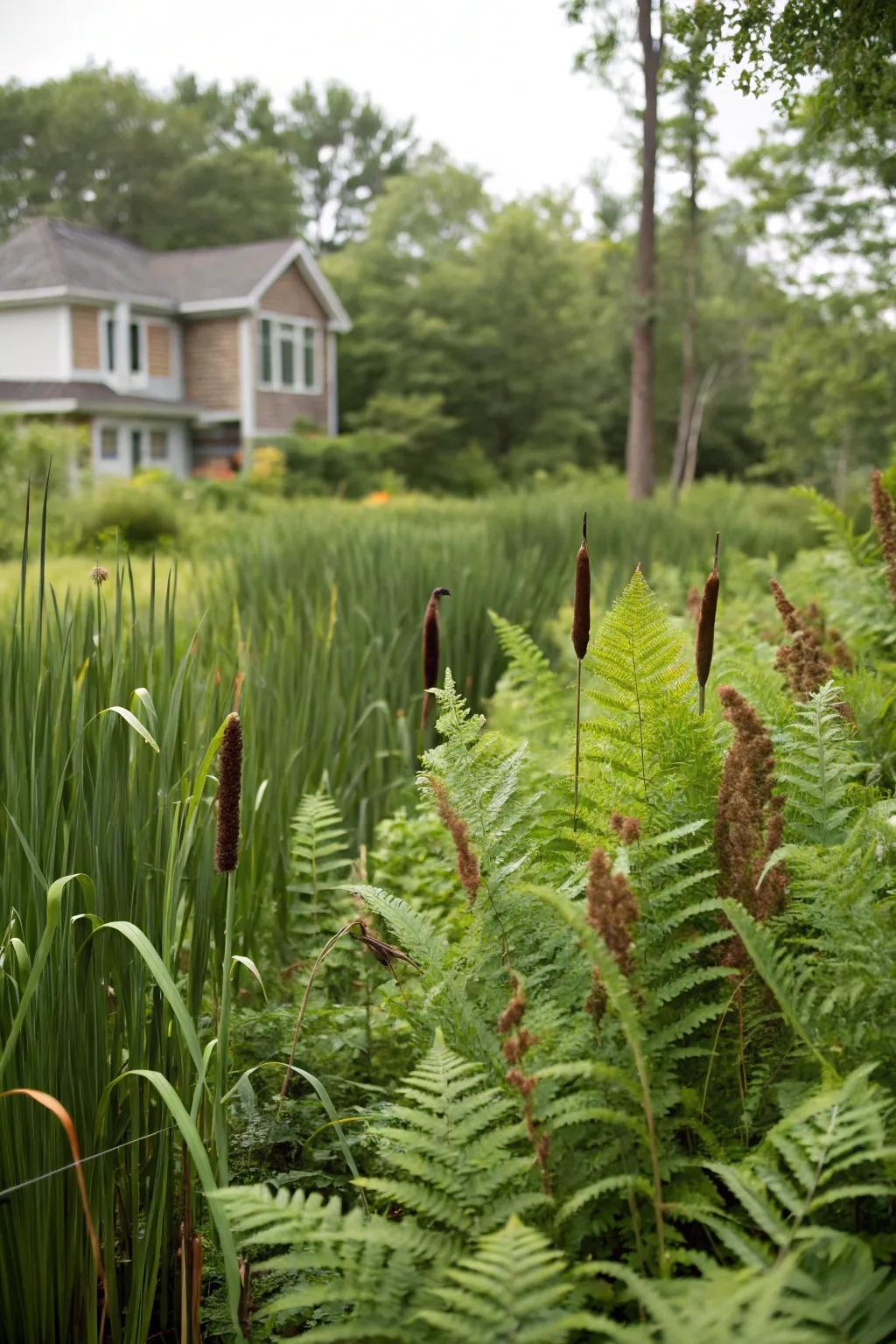 Lush ferns and reeds create a dense, vibrant atmosphere in a bog garden.