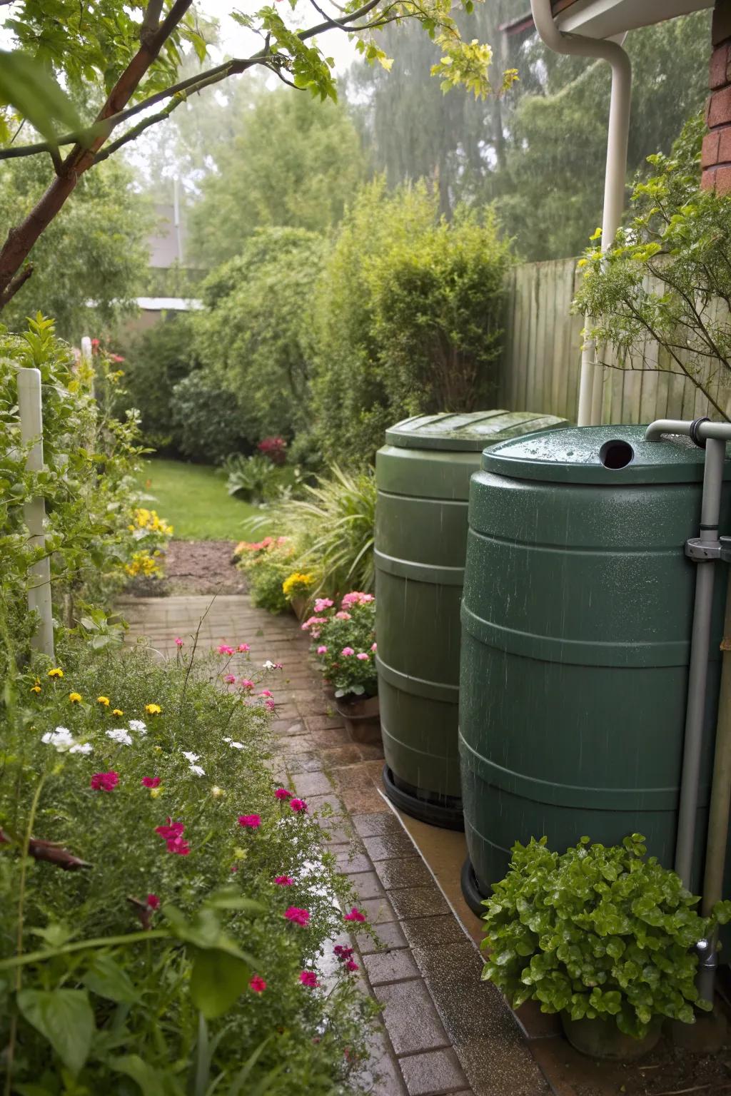 Rainwater collection barrels provide sustainable hydration for a bog garden.