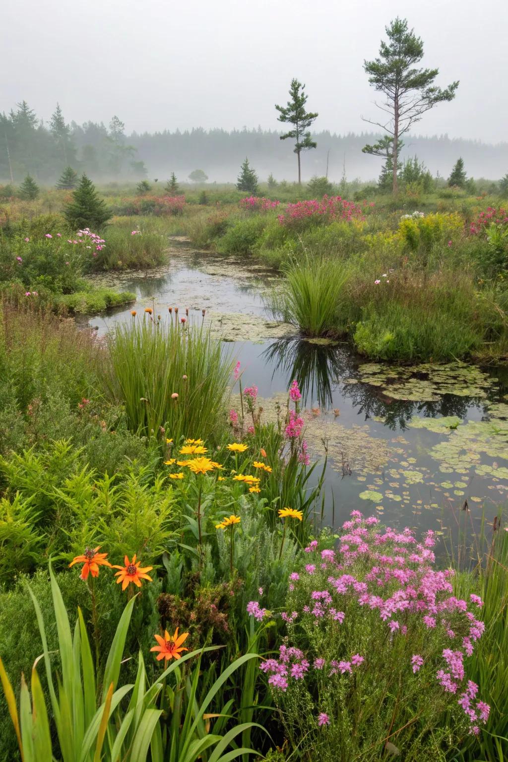 A variety of plants bring color and texture to a bog garden.