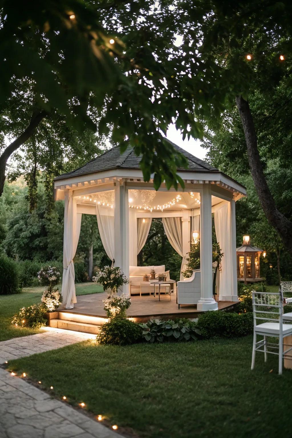 A minimalist gazebo setting for a modern and elegant proposal.