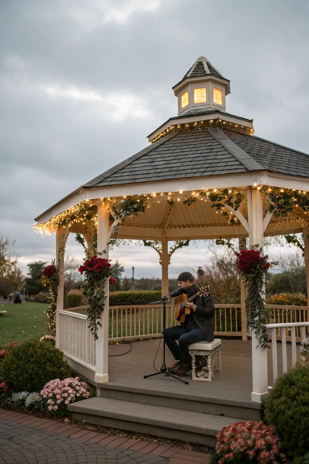 A gazebo setting with live music for a serenade proposal.