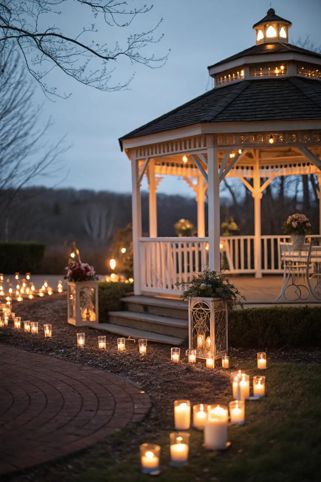 A candlelit path leading to a romantic gazebo setting.