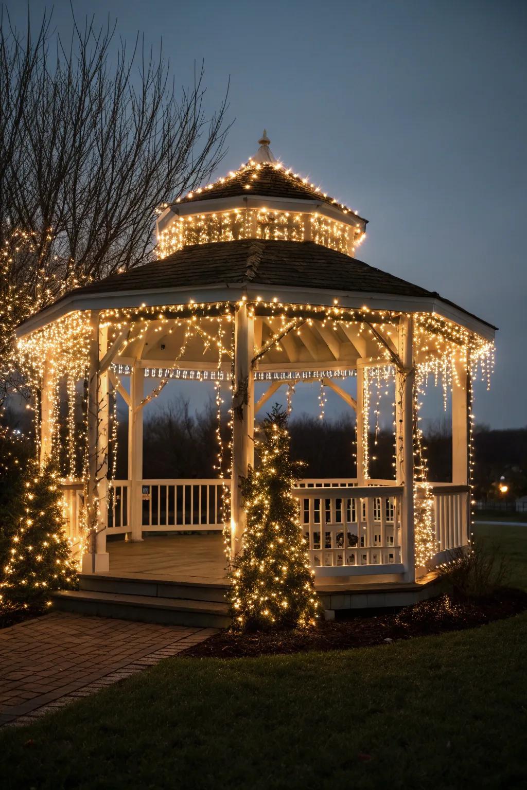 A gazebo illuminated with twinkling lights, perfect for a night-time proposal.