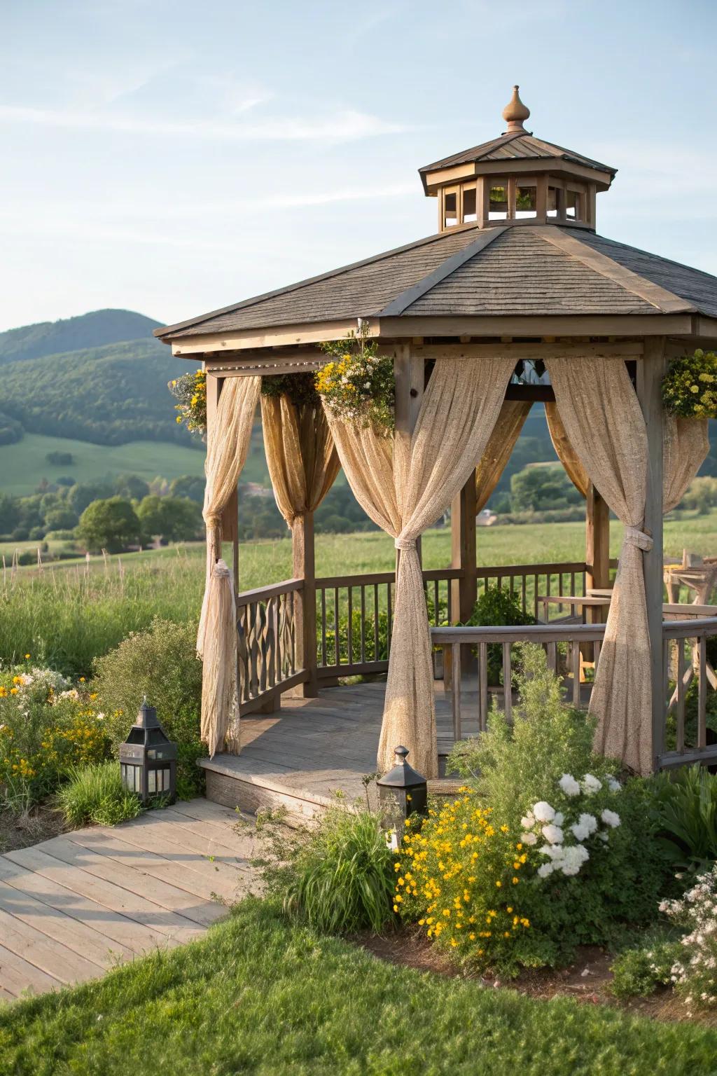 A gazebo styled with rustic charm, perfect for a cozy proposal.