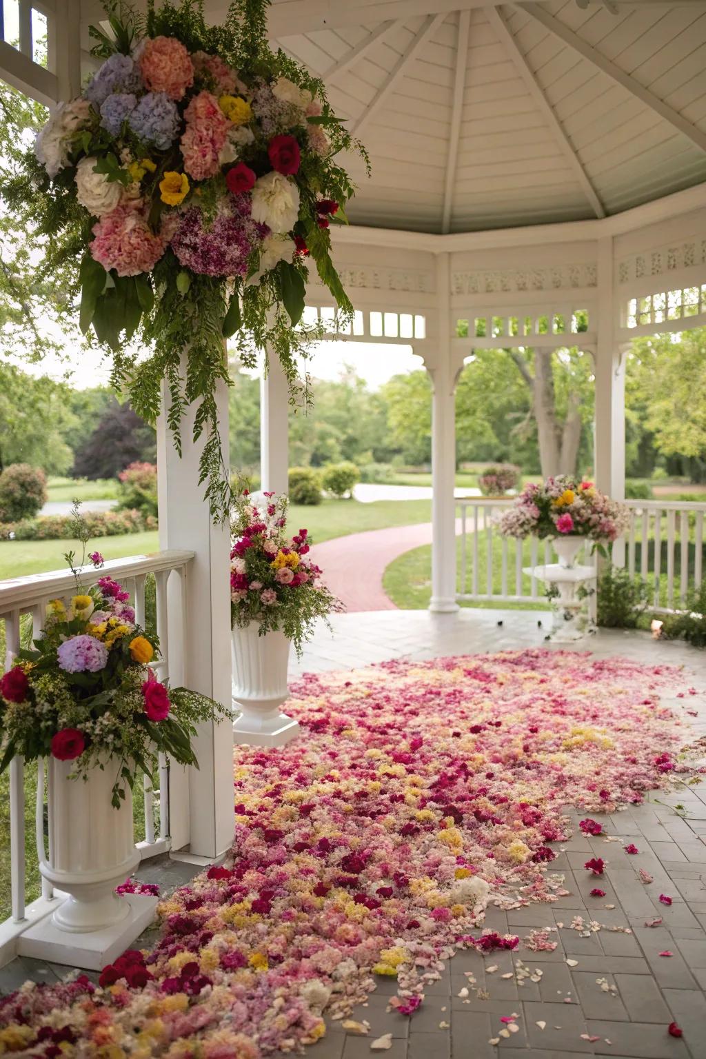 A gazebo adorned with an abundance of fresh flowers for a dreamy proposal.
