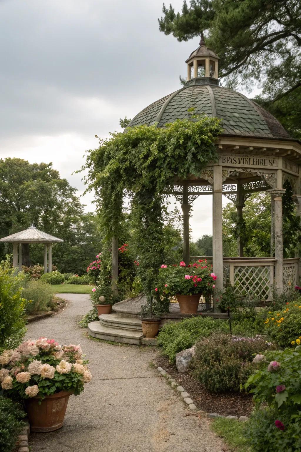 A garden oasis with a gazebo surrounded by lush greenery.