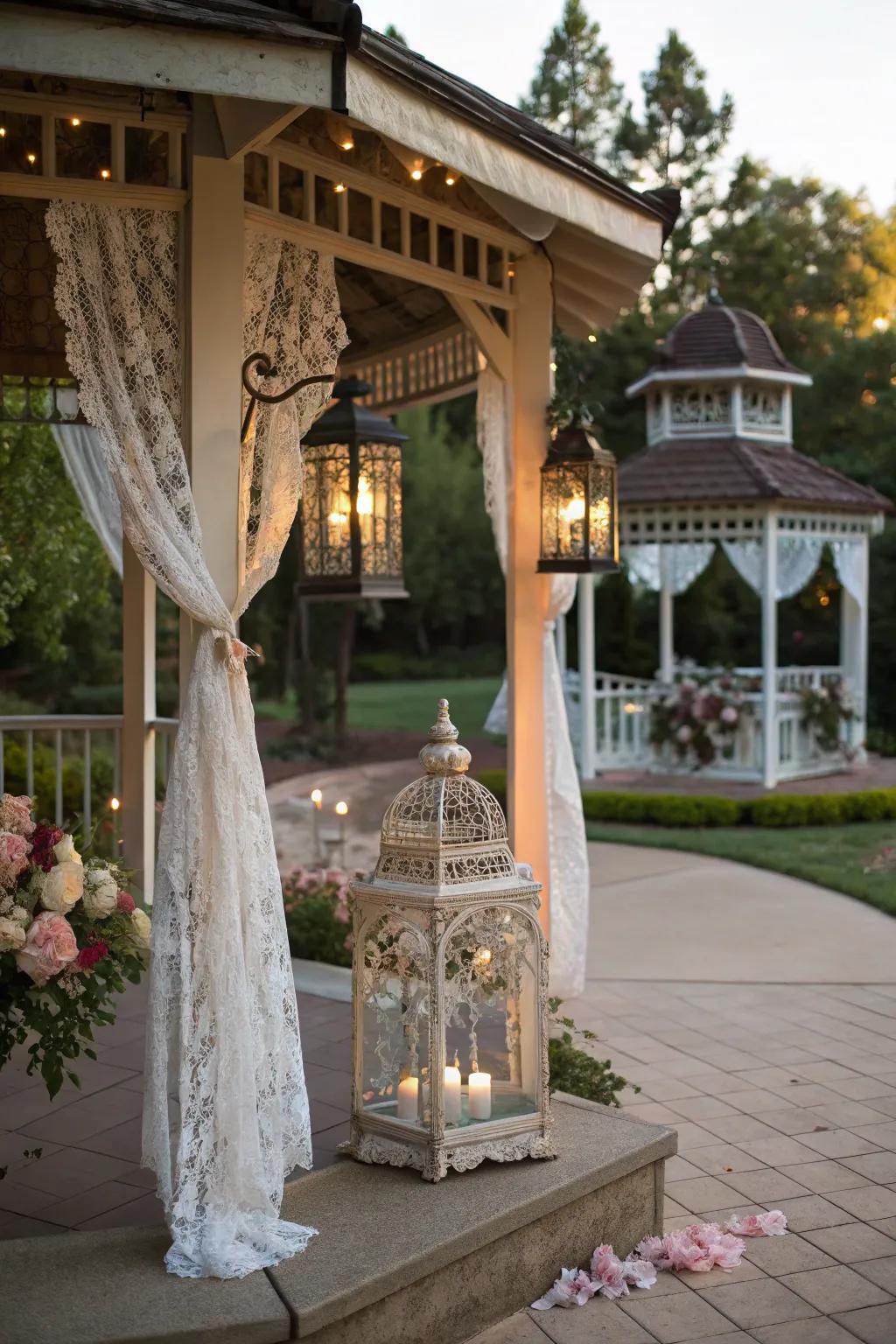 A vintage-inspired gazebo with antique lanterns and lace details.