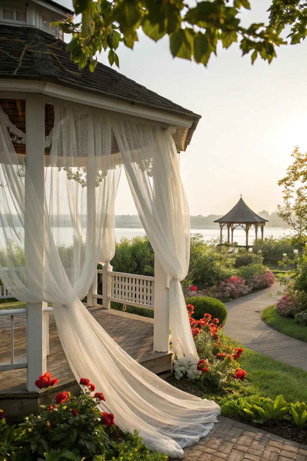 A gazebo with elegant curtains for a touch of privacy and romance.