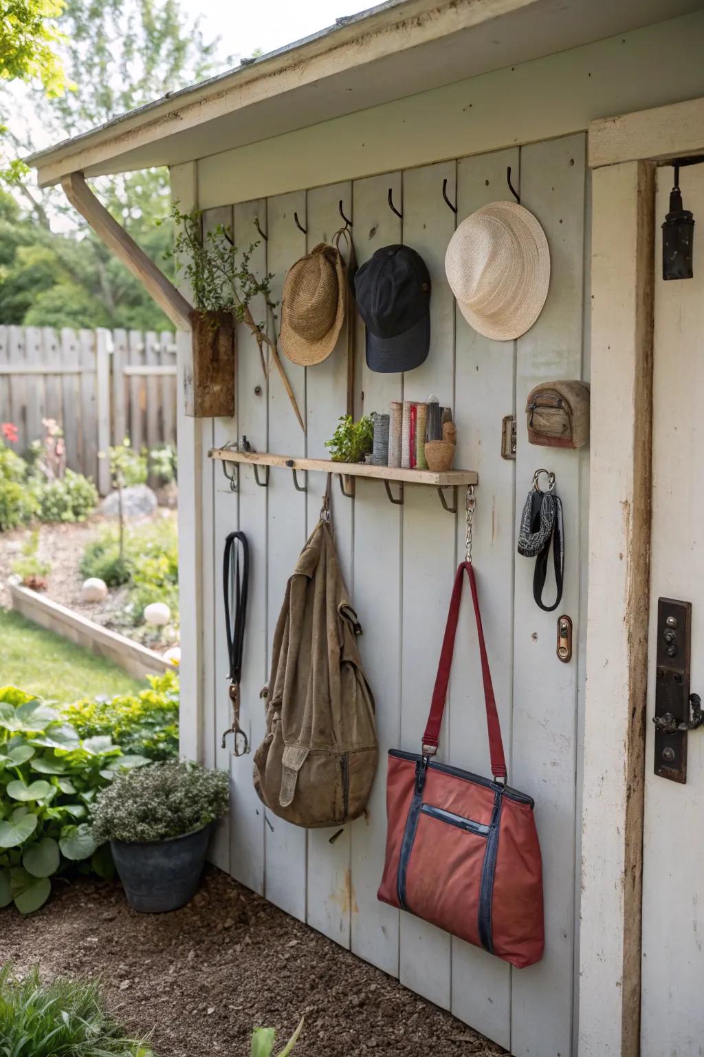 Wall hooks maximize vertical storage space.