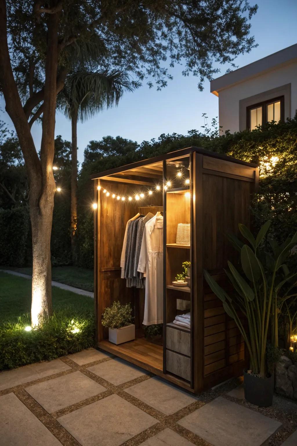 Proper lighting ensures functionality in any outdoor closet.