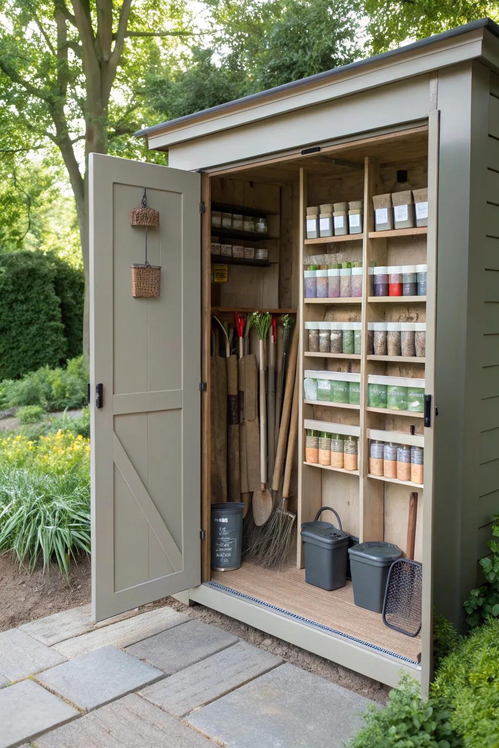 Internal dividers keep outdoor storage organized and efficient.