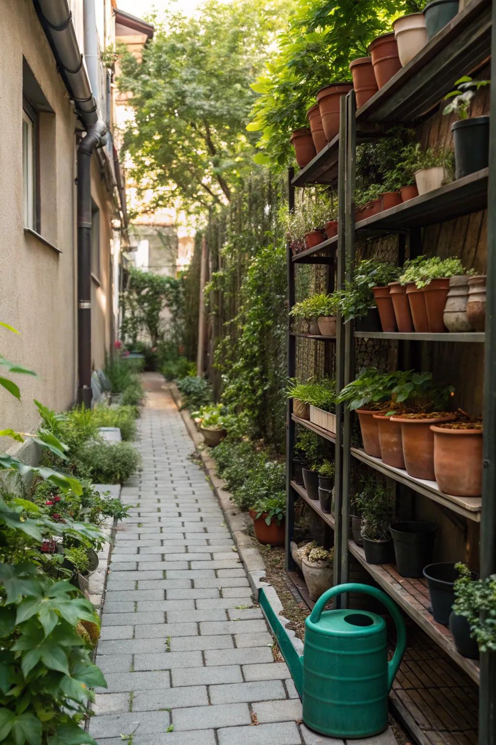 Narrow spaces can be optimized for storage with vertical shelving.