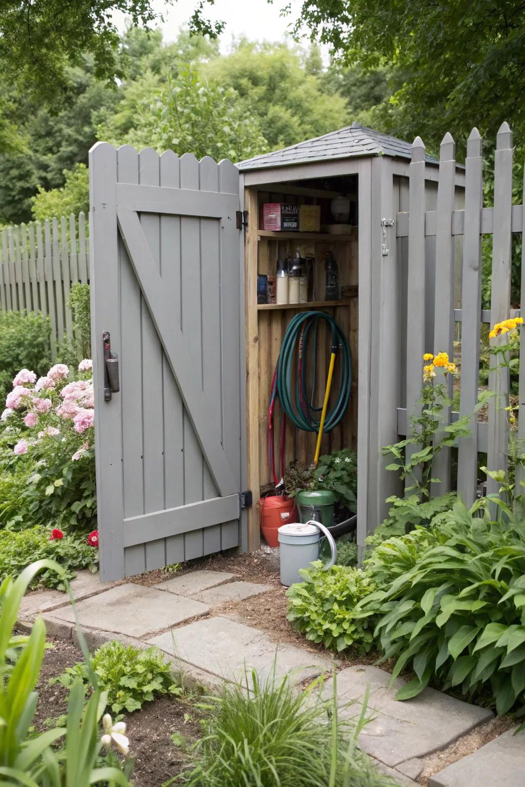 Concealed utility closets keep outdoor essentials hidden yet accessible.