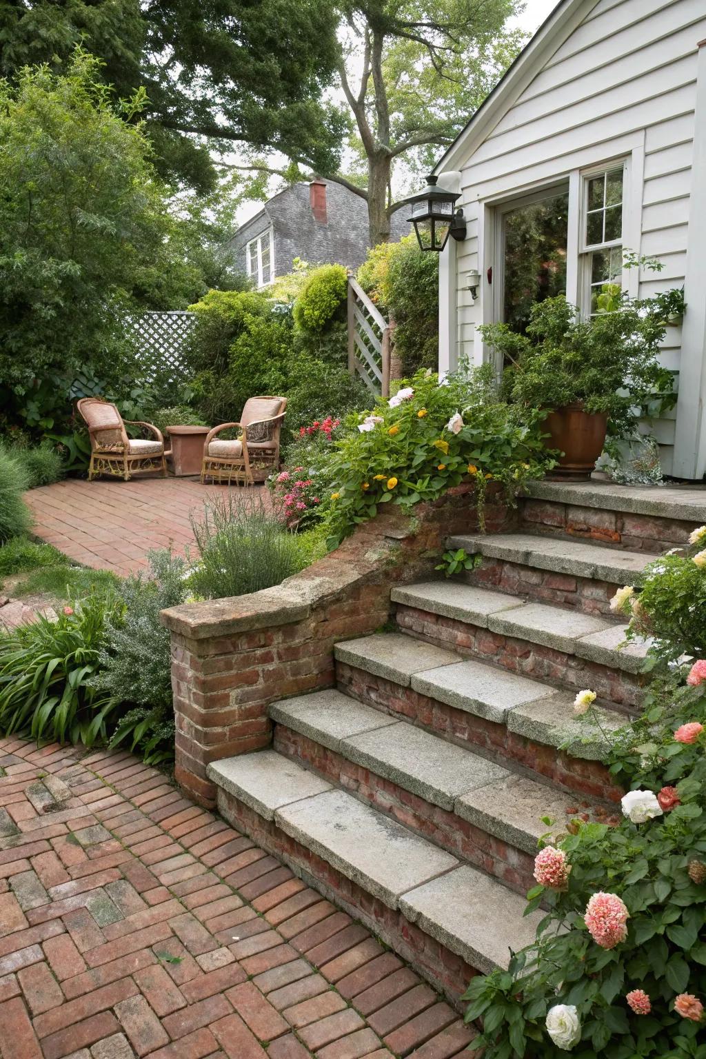 Brick steps add a touch of classic elegance to your patio.