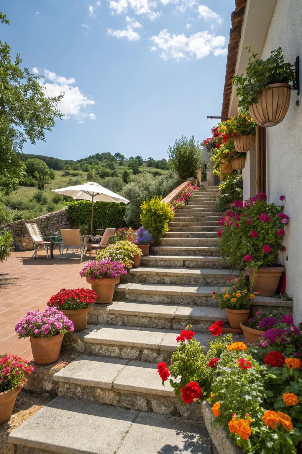Potted plants bring life and color to your outdoor steps.
