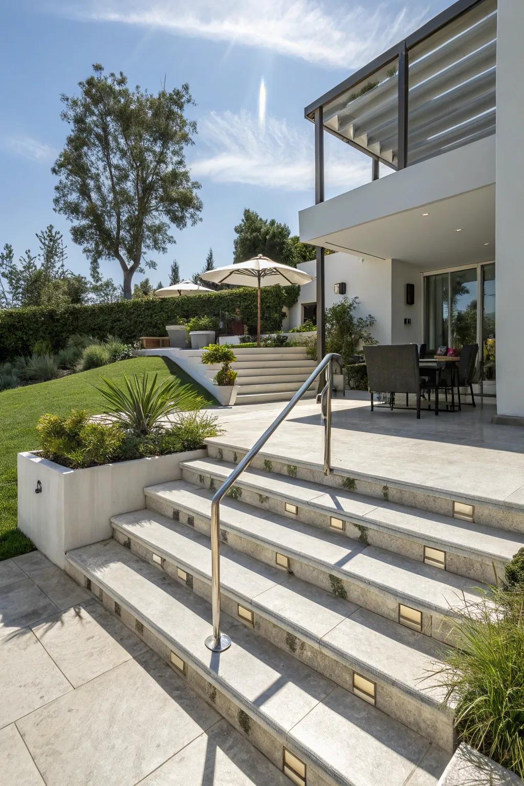Metallic accents add modern glamour to your outdoor steps.