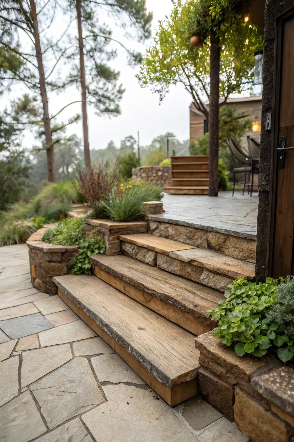 Textural contrast in step materials creates a visually appealing design.