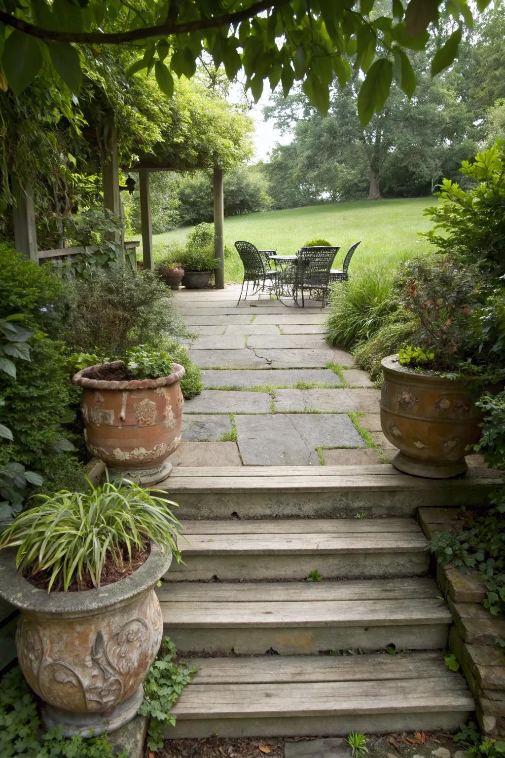 Wooden steps offer a natural and inviting transition.