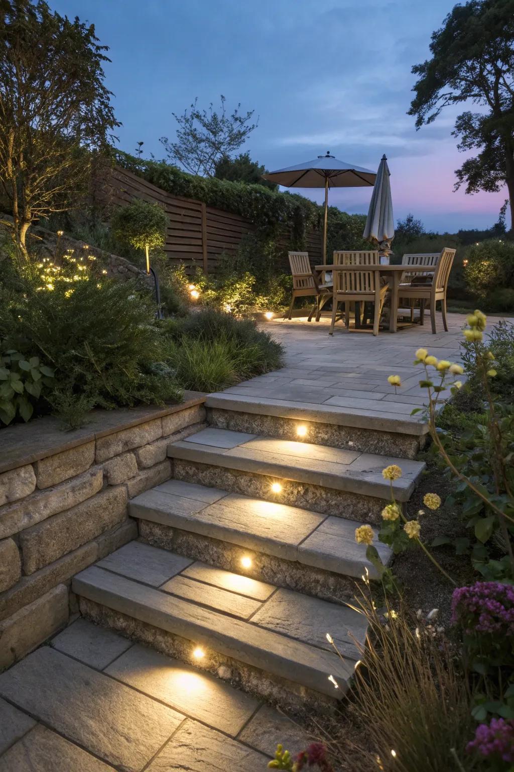 Built-in lighting transforms your steps into a safe and enchanting pathway.