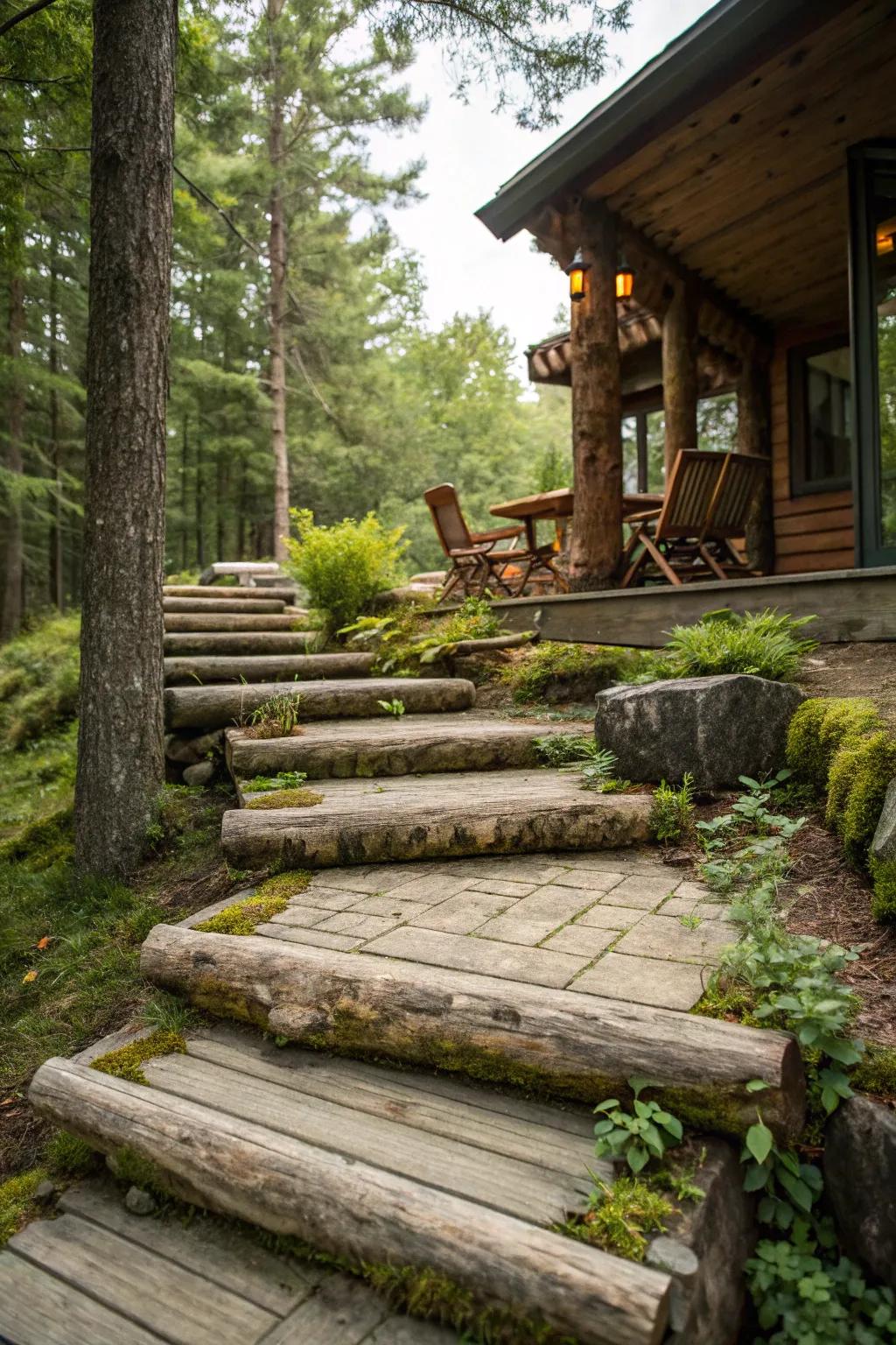 Natural log steps offer a rustic and eco-friendly transition.