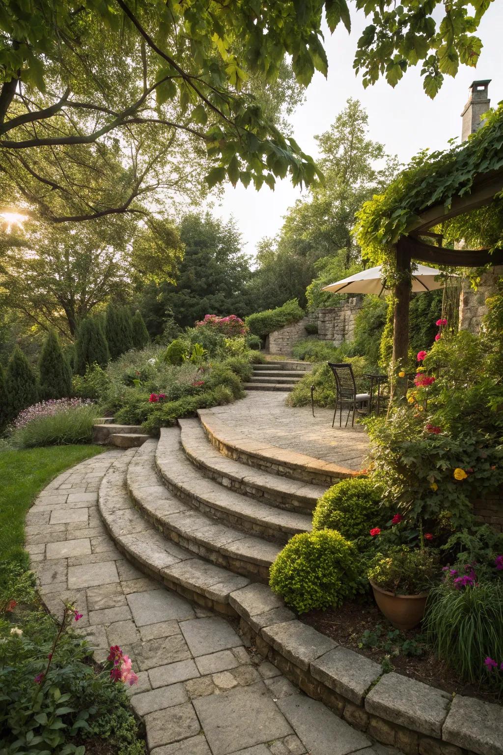 Curved steps create a gentle and inviting transition.