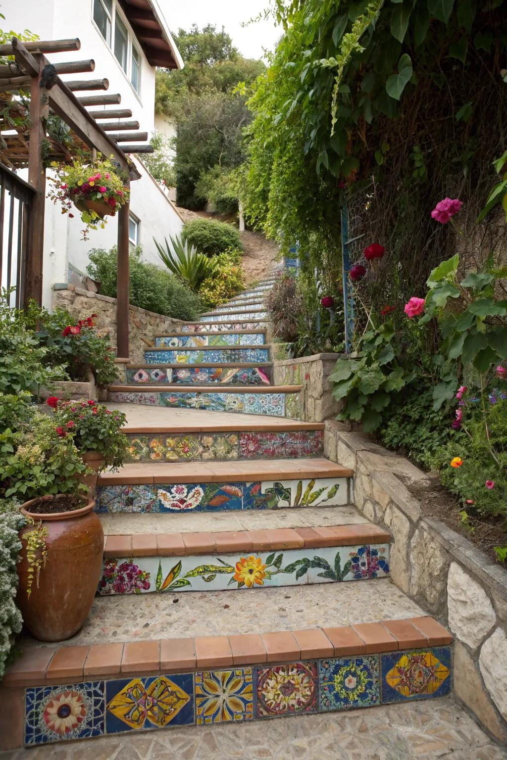 DIY mosaic tiles add a personal artistic touch to your steps.