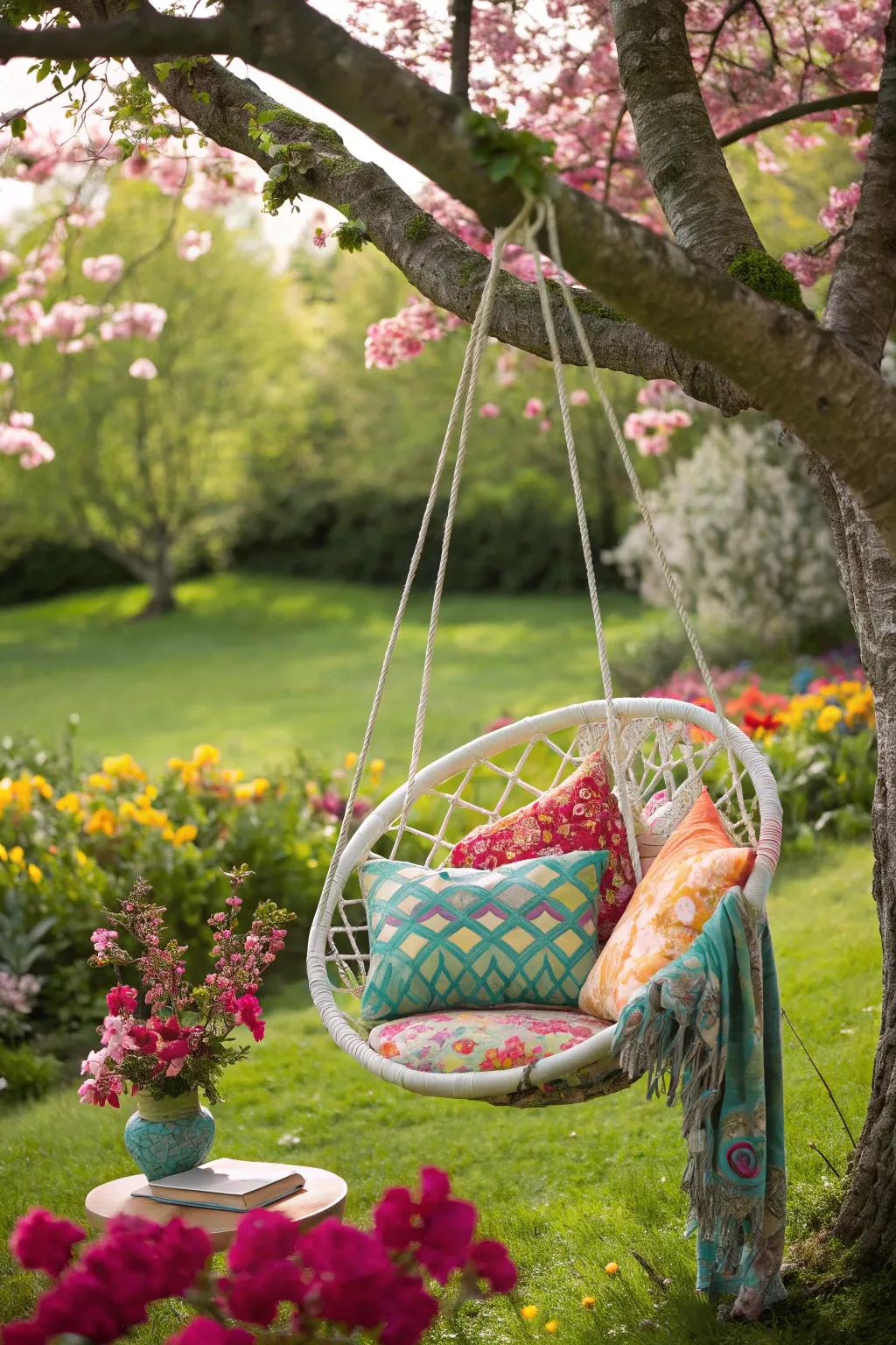 Swing into serenity with a hanging chair nestled in your garden.