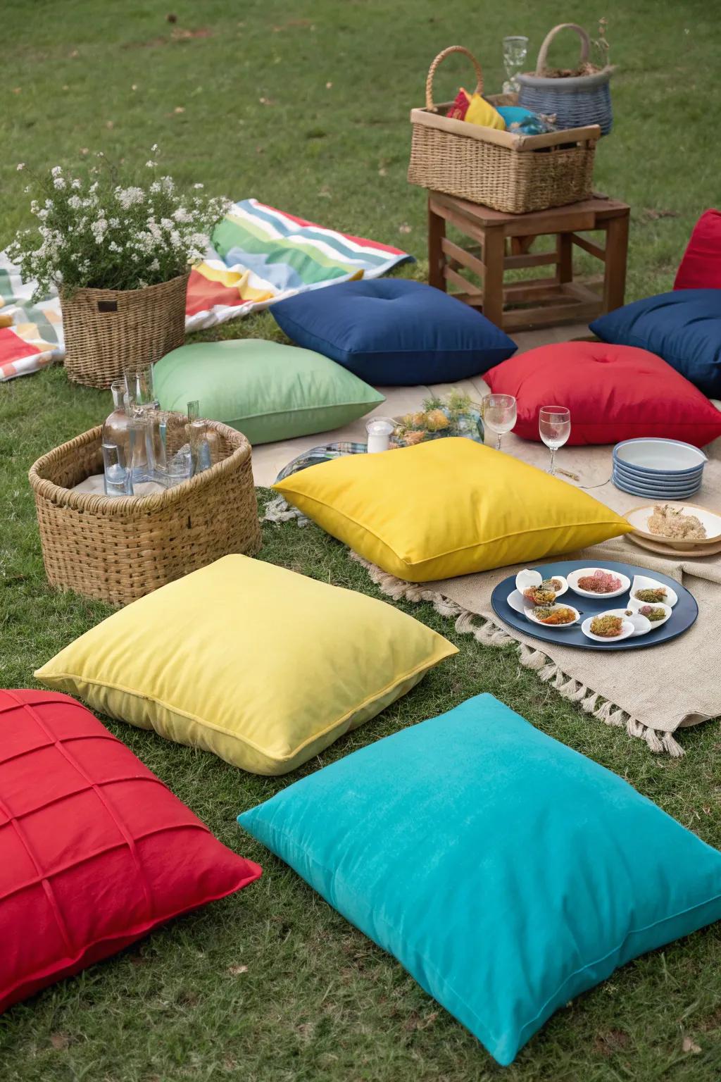 Bright cushions add comfort and style to your birthday picnic.
