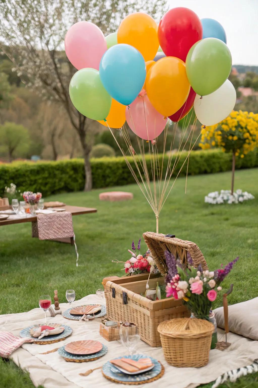 Balloons add a festive and cheerful touch to any picnic setting.