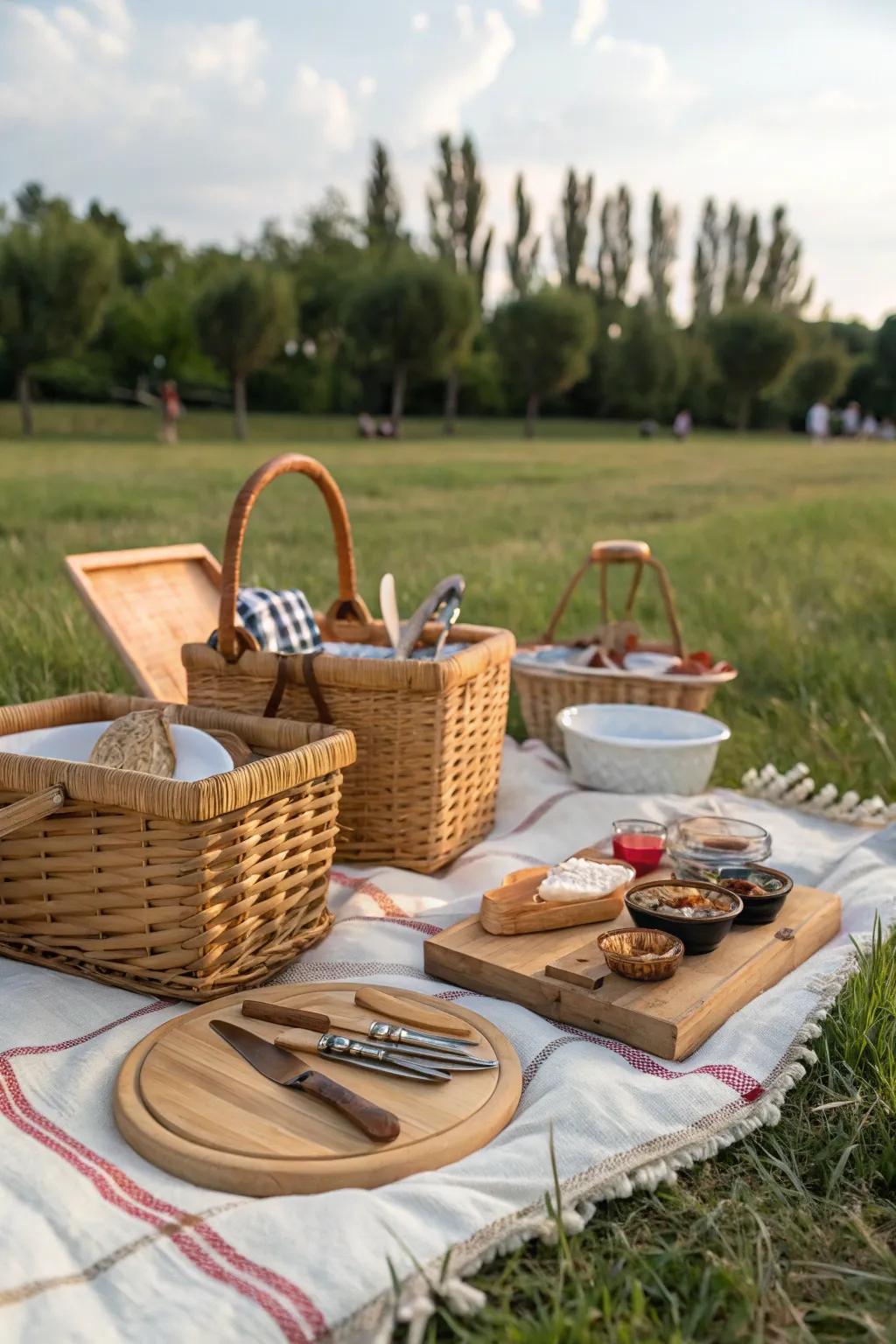 Picnic baskets and wooden elements add rustic charm.