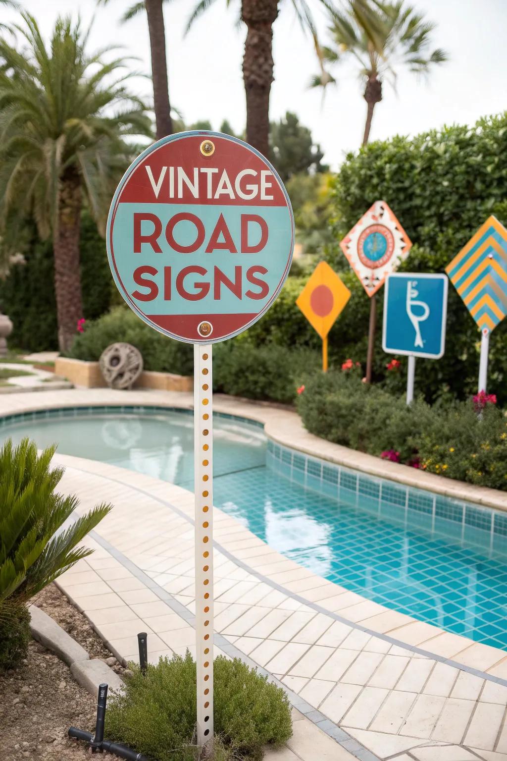 Add nostalgia with vintage road sign themes.