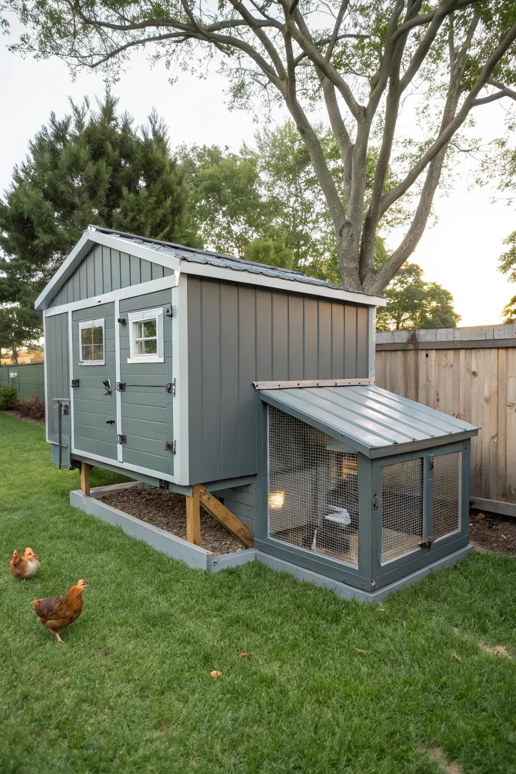 Gray tones provide a modern and sleek look for your coop.