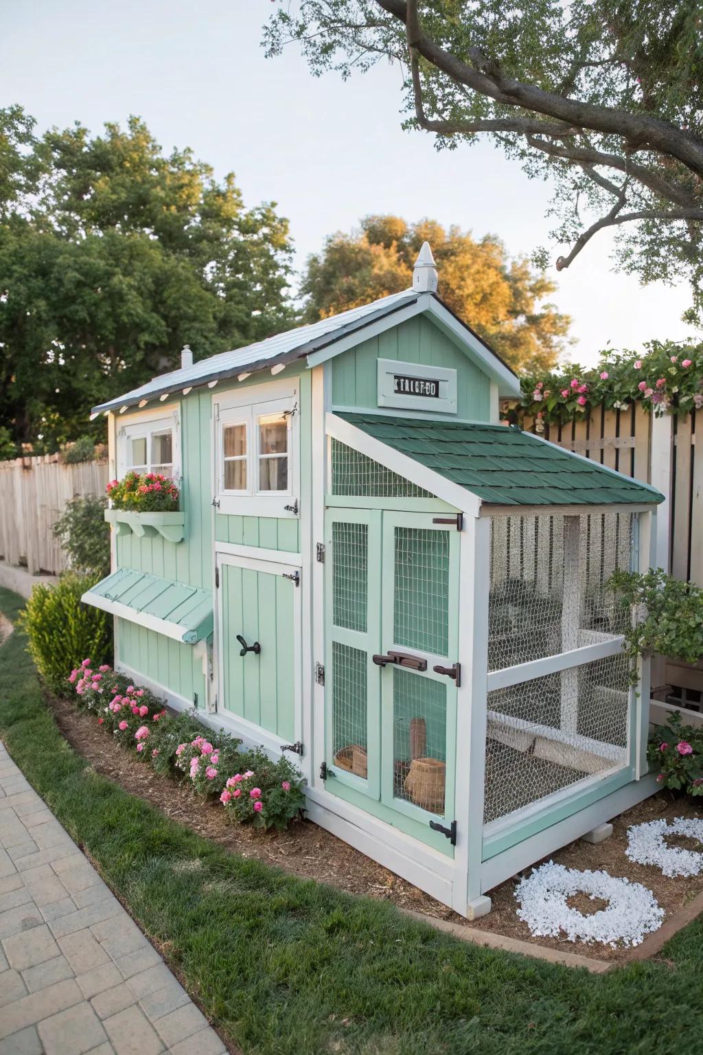 Mint green provides a fresh and stylish look for your chicken coop.