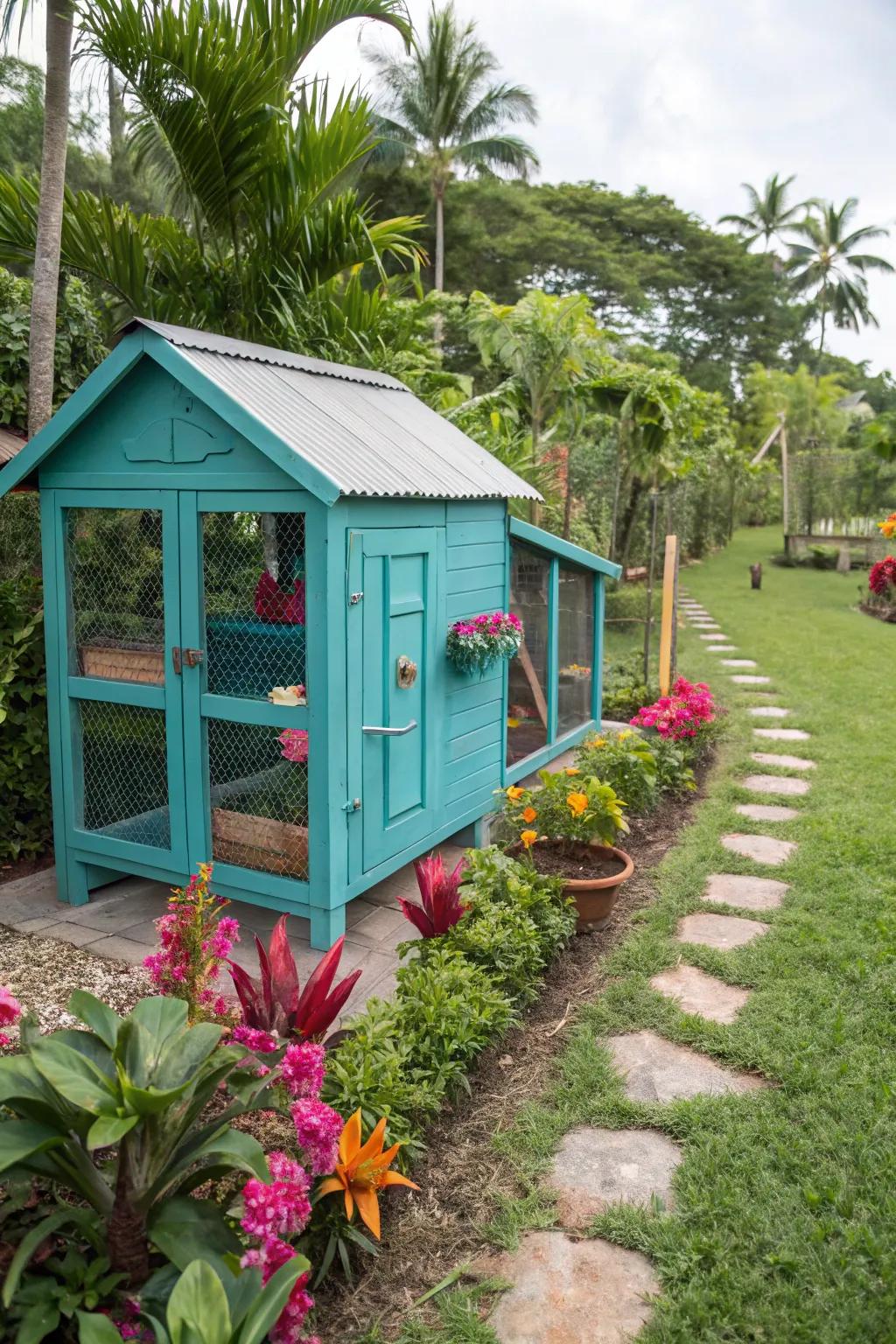 Turquoise brings vibrant joy to your chicken coop.