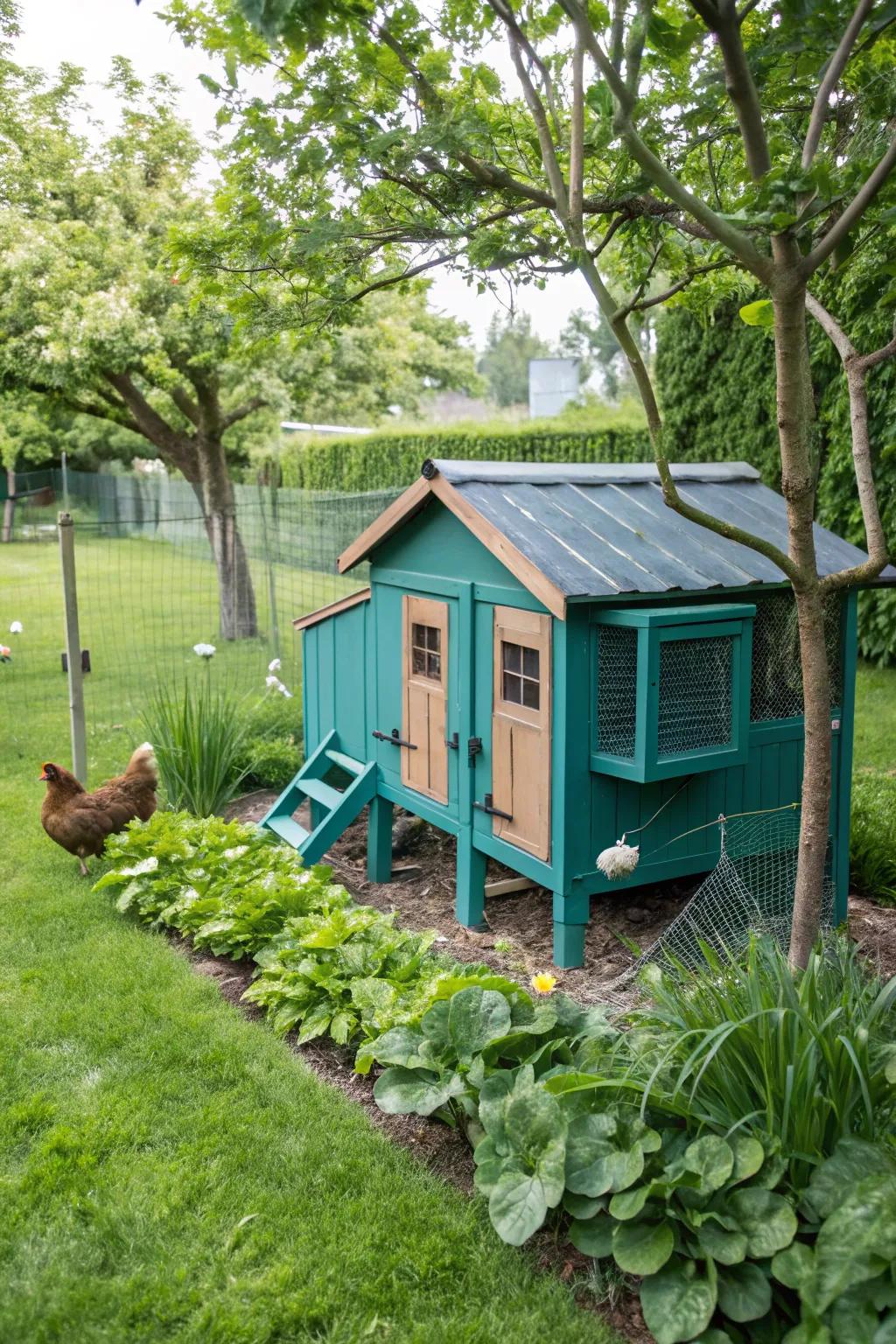 A teal chicken coop brings a touch of coastal calm to your garden.