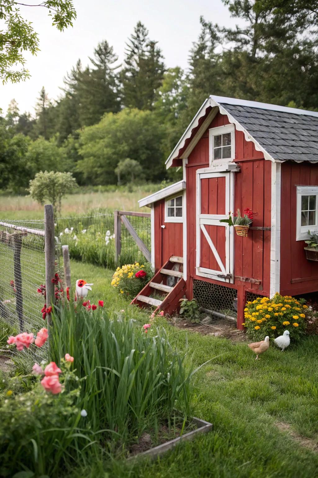 A classic red coop with white trim offers timeless farm charm.