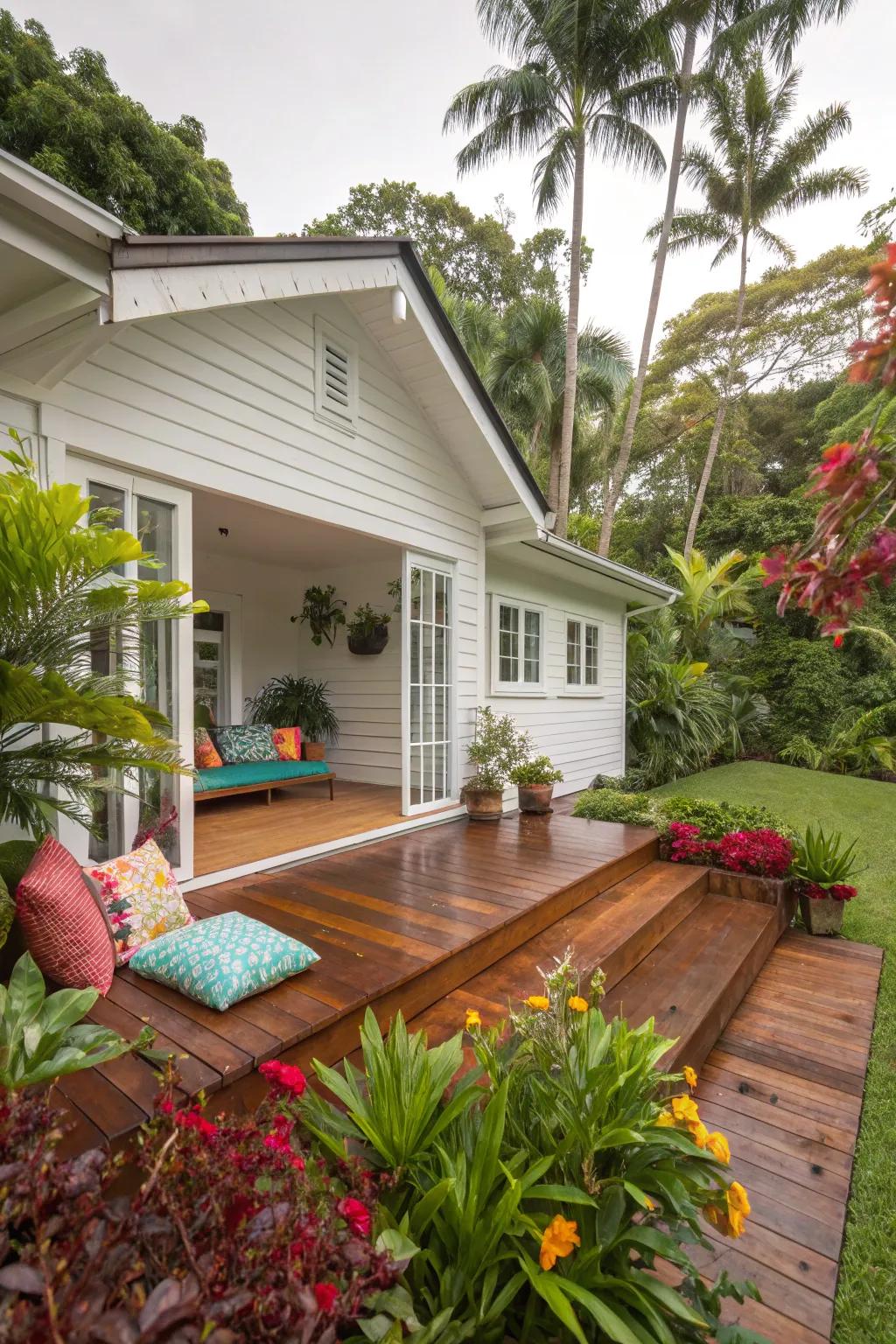 Teak finish adds a tropical touch to your outdoor space.