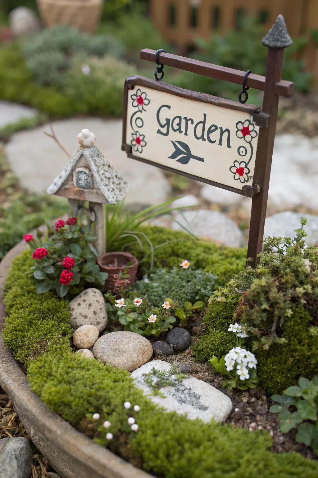 A miniature garden setting around a welcoming sign, creating a magical entrance.