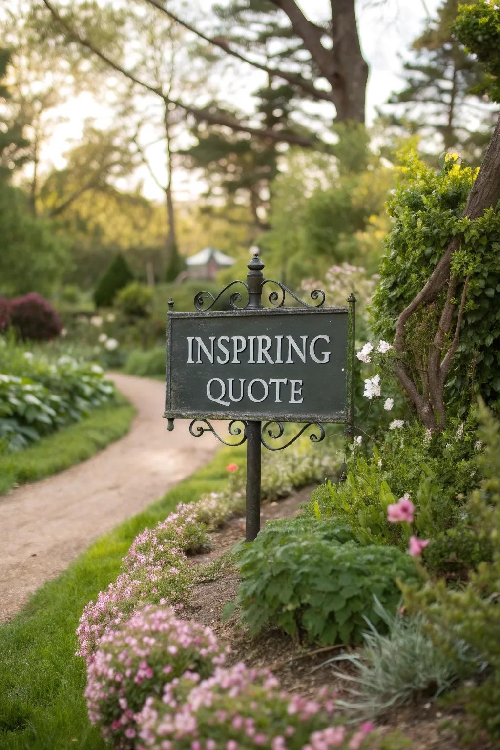 An inspiring garden sign with a thoughtful quote, enhancing the serene atmosphere.